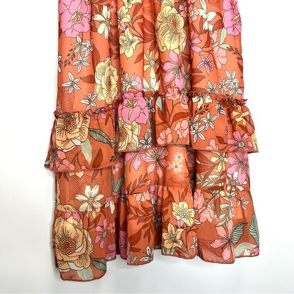 Altar’d State Floral Tiered Ruffle Tie Strap Dress Medium Orange - Picture 4 of 10